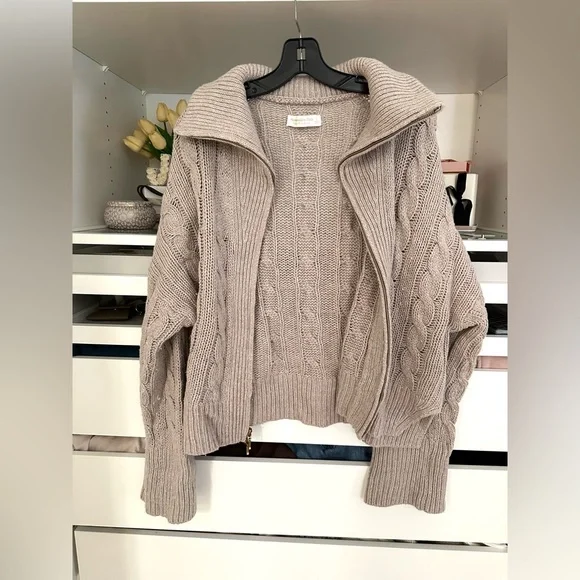 Abercrombie & Fitch Cable-Knit Full Zip collared Sweater Jacket Taupe - Picture 3 of 12